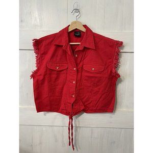 CH Apparel Ladies Red Biker Shirt Button Up Cut Off Sleeve Tie Cropped, L